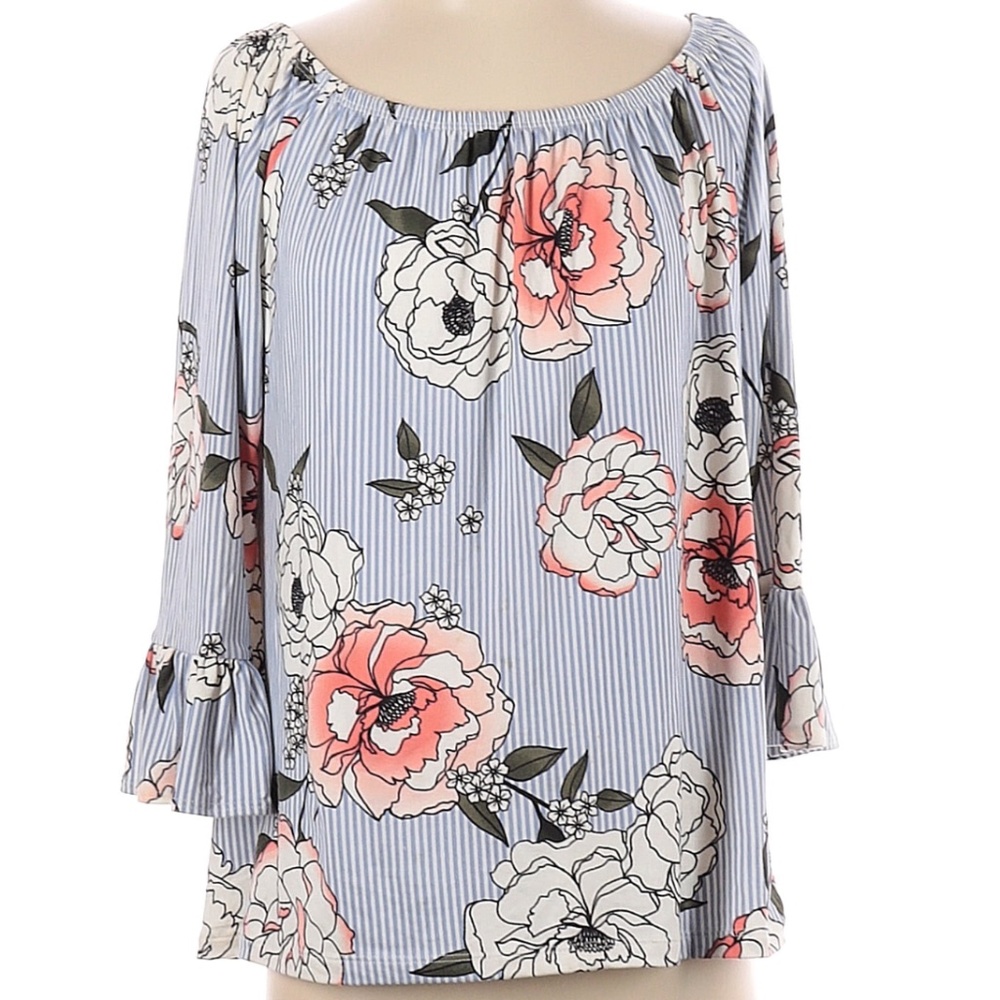 Kristin Nicole On/Off-Shoulder Top Ruffle Sleeve Floral Stripe Women Size 1X